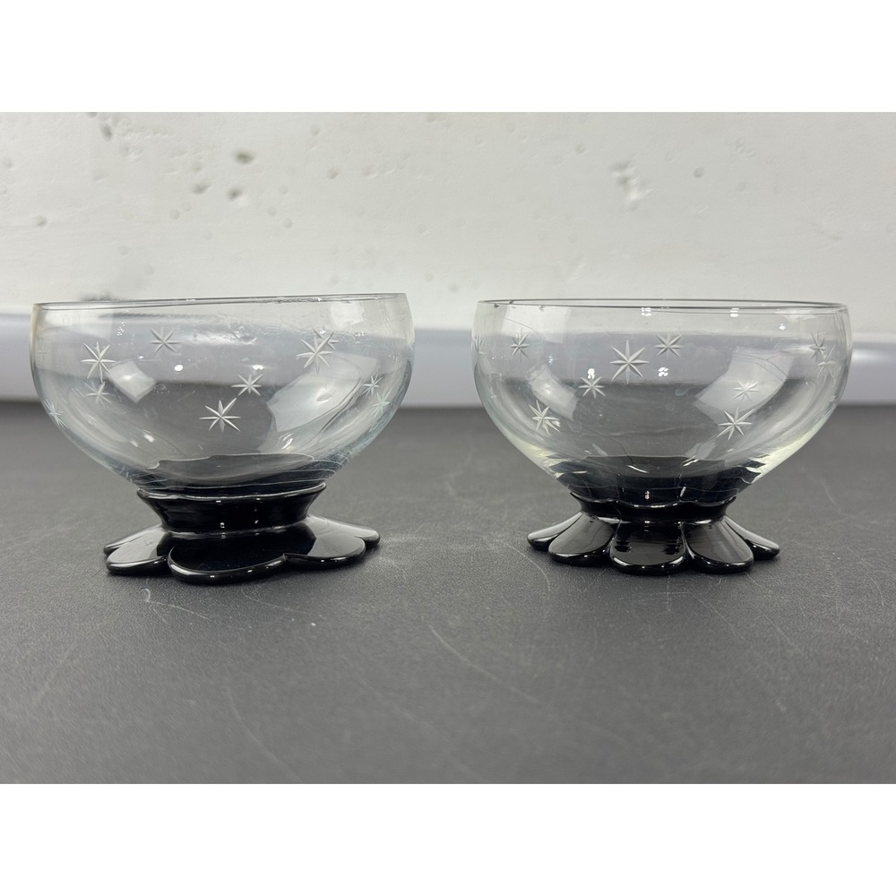 Vintage Etched Starburst Glass Dessert Bowls Black‎ Petal Flower Base Set of 2